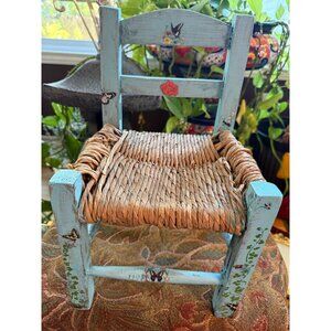 Vintage Mexican Redecorated Childs Wooden Chair Woven Straw Seat